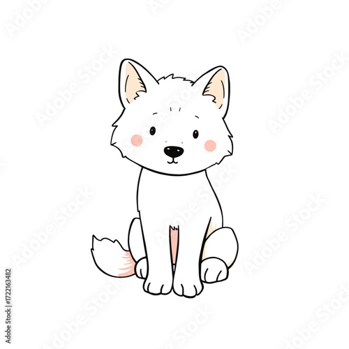 Cute cartoon wolf pup sitting with rosy cheeks and fluffy tail  