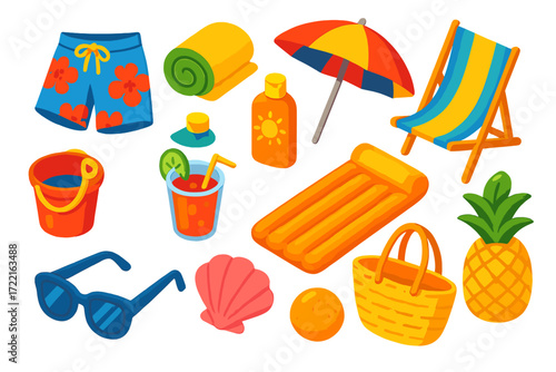 Coastal Fun Essentials. Isometric vector illustration set Coastal Fun: swim trunks, rolled towel, sunscreen bottle, beach umbrella