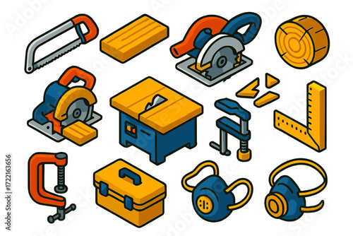 Wood Cutting Tools. Isometric vector illustration set Wood Cutting Equipment: hacksaw, timber plank, electric saw, crosscut board,