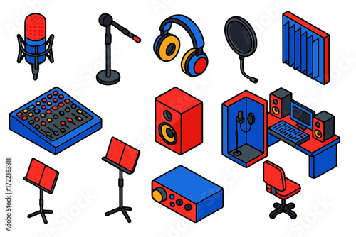 Studio Recording Essentials. Isometric vector illustration set Studio Recording: condenser microphone, boom stand, headphones, pop