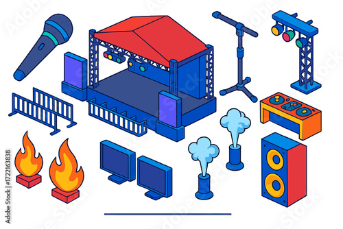 Vibrant Festival Stage Icons. Isometric vector illustration set Festival Stage: wireless microphone, heavy mic stand, giant stage,