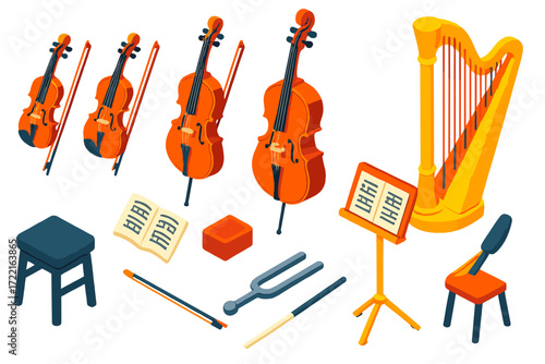 String Ensemble Icons. Isometric vector illustration set String Ensemble: violin, viola, cello, double bass, bows, music stand,