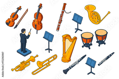 Symphony Instruments Ensemble. Isometric vector illustration set Symphony Stage: violin, violin bow, cello, bassoon, French horn,