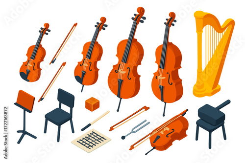 String Ensemble Icons. Isometric vector illustration set String Ensemble: violin, viola, cello, double bass, bows, music stand,
