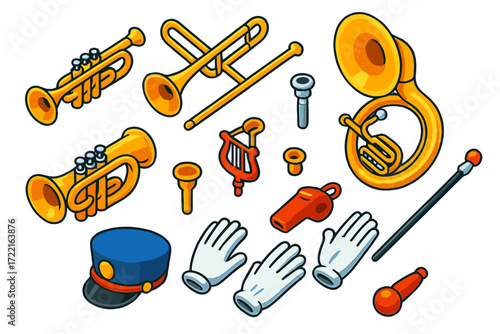 Marching Brass Instruments. Isometric vector illustration set Marching Brass: trumpet, trombone, sousaphone, mellophone, euphonium