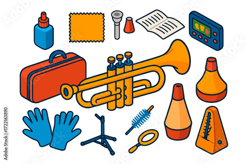 Brass Practice Kit. Isometric vector illustration set Brass Practice Kit: trumpet, valve oil, mouthpiece, polishing cloth, case,