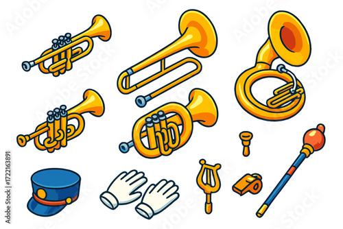 Marching Brass Instruments. Isometric vector illustration set Marching Brass: trumpet, trombone, sousaphone, mellophone, euphonium