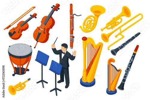 Symphony Instruments Ensemble. Isometric vector illustration set Symphony Stage: violin, violin bow, cello, bassoon, French horn,