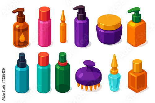 Luxury Hair Care Icons. Isometric vector illustration set Luxury Hair Products: argan oil bottle, silk serum, keratin ampoule,