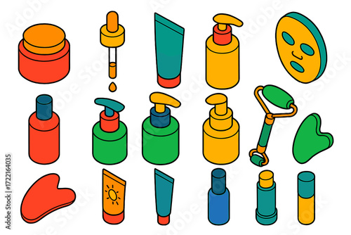 Skincare Essentials Icons. Isometric vector illustration set Skincare and Beauty: face cream jar, serum dropper, clay mask tube,