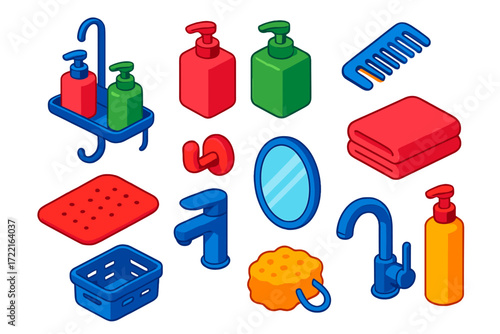 Bathroom Essentials Icons. Isometric vector illustration set Bathroom Hair Care: shower shelf, pump shampoo, pump conditioner, wet
