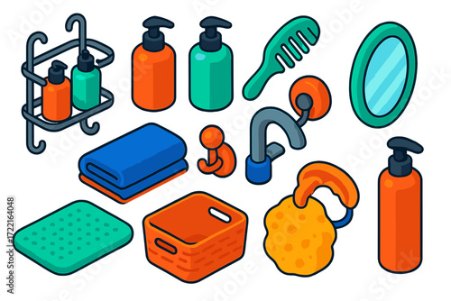 Bathroom Essentials Icons. Isometric vector illustration set Bathroom Hair Care: shower shelf, pump shampoo, pump conditioner, wet