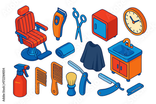 Barber Tools Collection. Isometric vector illustration set Barber Shop Tools: barber chair, clipper set, trimmer, hair scissors,