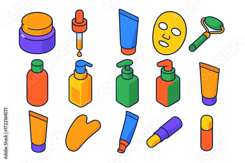 Skincare Essentials Icons. Isometric vector illustration set Skincare and Beauty: face cream jar, serum dropper, clay mask tube,