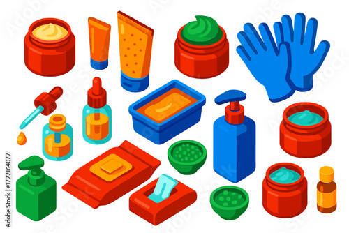 Hand Care Essentials. Isometric vector illustration set Hand Care Products: moisturizing cream, exfoliating scrub, nourishing mask