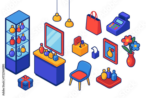 Perfume Shop Isometric. Isometric vector illustration set Perfume Shop Interior: glass display shelf, perfume counter, tester