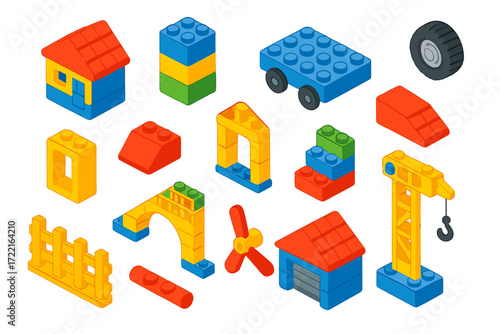 Isometric Construction Toys. Isometric vector illustration set Construction Toys: lego-style house, tower build, toy car base,