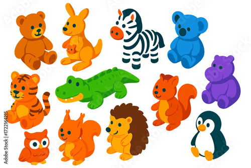 Colorful Plush Animal Set. Isometric vector illustration set Animal Plush Friends: teddy bear, kangaroo plush, zebra toy, koala