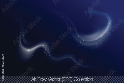Flow of cooled air with white elements of cold glow, vector (EPS) isolated illustration set on transparent background. Wind, air flow, white smoke wave with twinkles