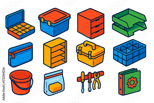 Storage Solutions Icons. Isometric vector illustration set Storage and Organization: sorting box, plastic container, drawer unit,