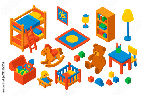 Vibrant Dollhouse Interior. Isometric vector illustration set Dollhouse Children’s Room: bunk bed, toy box, doll crib, rocking