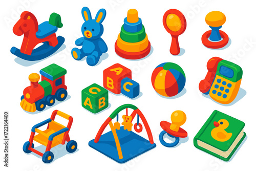 Vibrant Toddler Playtime Icons. Isometric vector illustration set Toddler Playtime: rocking horse, plush bunny, stacking cups,
