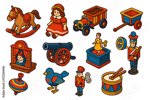 Antique Toy Icons. Isometric vector illustration set Antique Toy Collection: rocking horse, porcelain doll, tin car, wooden cart,