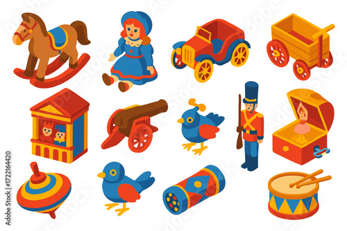 Antique Toy Icons. Isometric vector illustration set Antique Toy Collection: rocking horse, porcelain doll, tin car, wooden cart,
