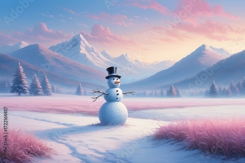 Snowman with hat in snowy Christmas mountain landscape