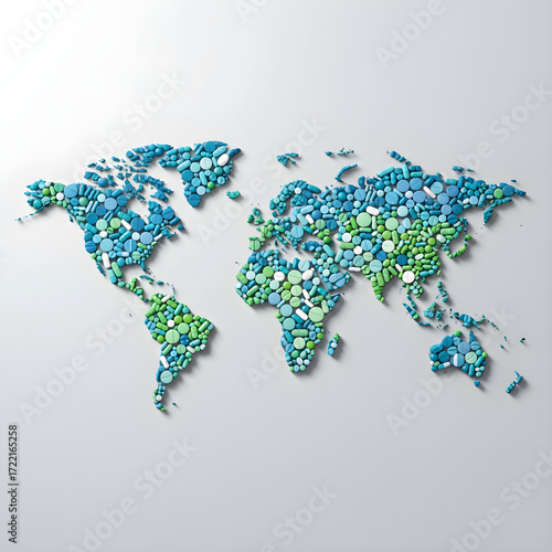 Colorful pharma world map; global pharmaceutical industry with continents made of vivid pills, capsules, tablets. High-resolution medical & healthcare themed illustration for editorial & corporate use