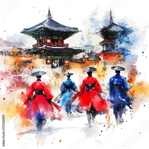 watercolor vector of Korean Youth Tourism, isolated on a white background.