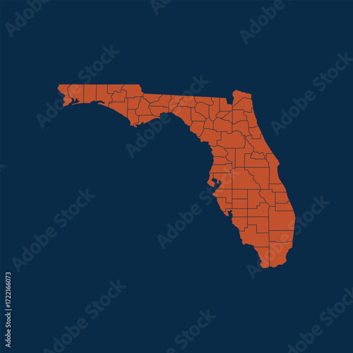 Florida map. Orange Florida map with counties. Vector isolated illustration.