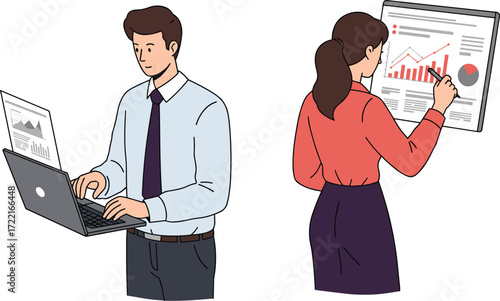 Business workshop presentation, teamwork collaboration, office meeting, data analysis, professional training, financial report, laptop work, workplace strategy, career skills development