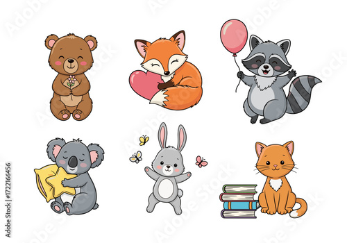 Adorable Baby Animals Vector Set – Hand Drawn Cartoon Bear, Fox, Raccoon, Koala, Bunny, and Cat in Sticker Style with Pastel Colors and Bold Outlines (2)