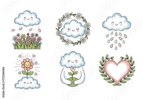 Cloud and Flower Nature Scenes Vector Set – Hand Drawn Doodle Style Clouds, Petals, Leaves, and Heart Blooms with Cute Faces and Pastel Accents (1)
