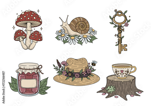 Cottagecore Woodland Items Vector Set – Hand Drawn Doodle Style Toadstool, Snail, Vintage Key, Wild Hat, Jam Jar, and Teacup with Pastel Accents (2)