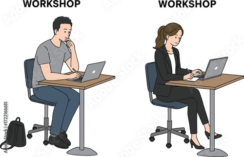 Business workshop session, teamwork learning, professional training, office collaboration, career development, corporate seminar, laptop study, digital education, workplace skills improvement