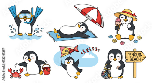 Cute Winter Penguin Adventures Vector Set – Hand Drawn Cartoon Penguins Sledding, Fishing, Building Snow Figures, and More with Pastel Accents (1)