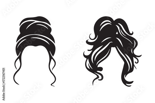Two black silhouette hairstyles one updo one down