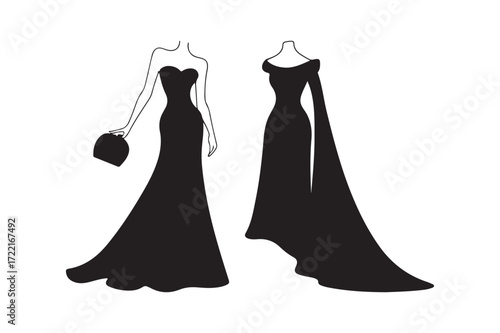 Elegant black evening gowns on mannequins with handbag