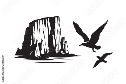 Seagulls fly past a dramatic cliff face illustration