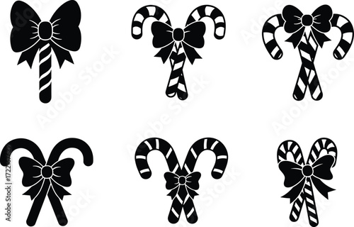 Christmas holiday candy cane silhouettes, festive sweet decoration, bow ornament, heart shape, winter celebration icon, seasonal vector design, decorative element collection