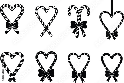 Christmas holiday candy cane hearts, festive sweet decoration, bow ornament, seasonal love symbol, winter celebration vector design, decorative element collection set