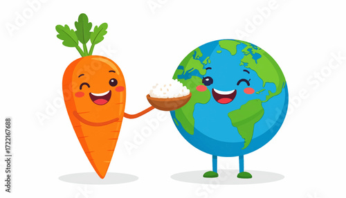 Cheerful cartoon carrot offers a bowl of rice to a smiling Earth, symbolizing global nutrition, sustainable living, and the importance of a healthy planet