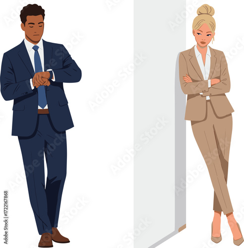 Businessman checking time on wristwatch, businesswoman leaning against wall, corporate lifestyle, time management, teamwork concept, professional career, office success illustration