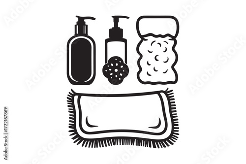 Hand drawn illustration of bath and body products for personal hygiene