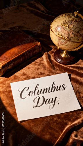Wallpaper Mural A columbus day still life featuring a globe, old book, and a handwritten card on a velvet surface Torontodigital.ca