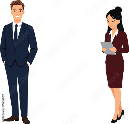 Businessman in formal suit smiling confidently, businesswoman holding tablet for work, professional teamwork, office management, corporate success, career growth illustration