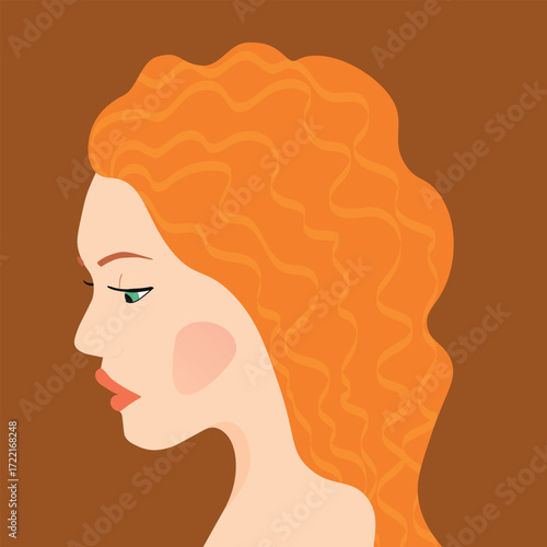 Portrait of a fashion woman. The head in profile of a European brunette woman. Face of girl. Flat design for for landing page, banner, social Media Avatar. Color vector illustration.