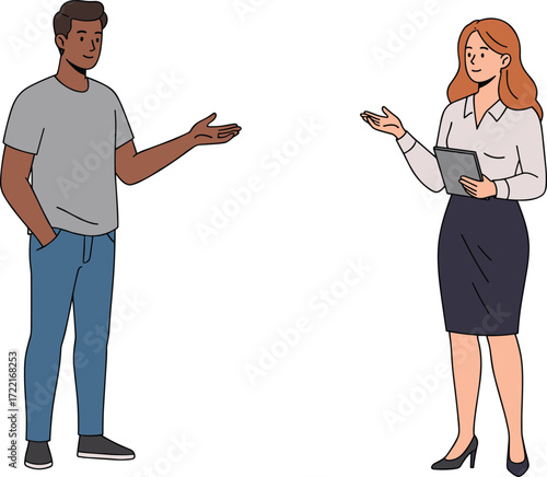 Businessman in casual outfit talking, businesswoman in formal attire holding tablet, teamwork discussion, workplace communication, corporate meeting, professional collaboration illustration